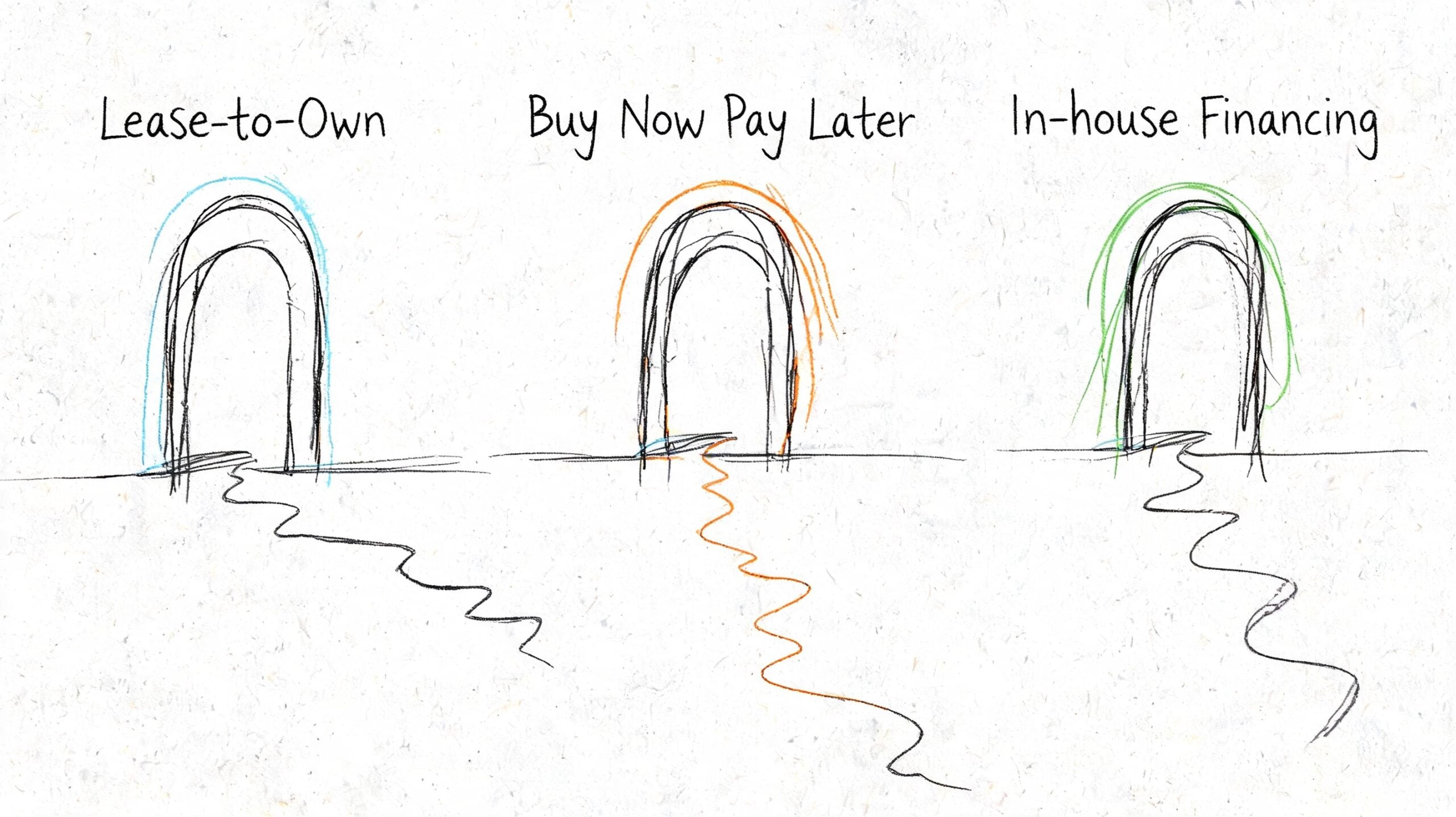 A hand-drawn illustration showing three options: Lease-to-Own, Buy Now Pay Later, and In-house Financing for purchases.