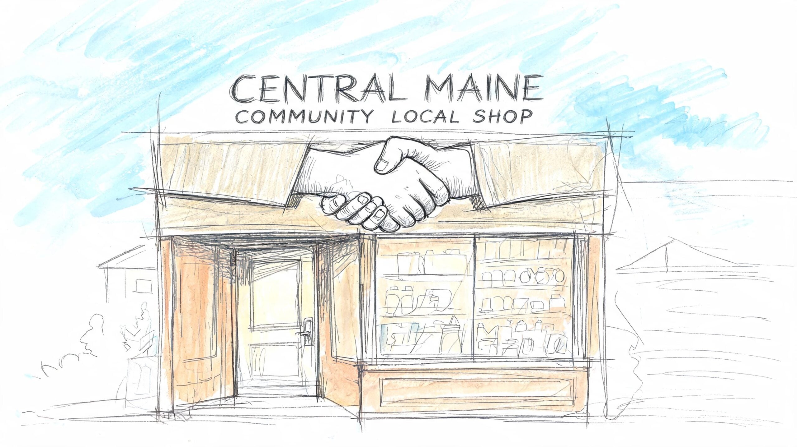 A pencil sketch of a local shop front featuring a handshake graphic above the storefront entrance.