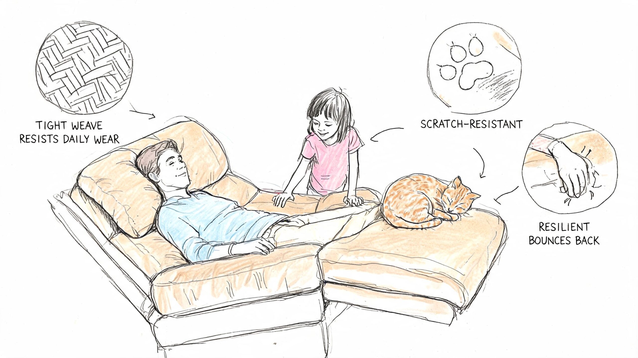 A family relaxing on a durable, scratch-resistant recliner sofa with a close-up showing fabric weave and resilience.