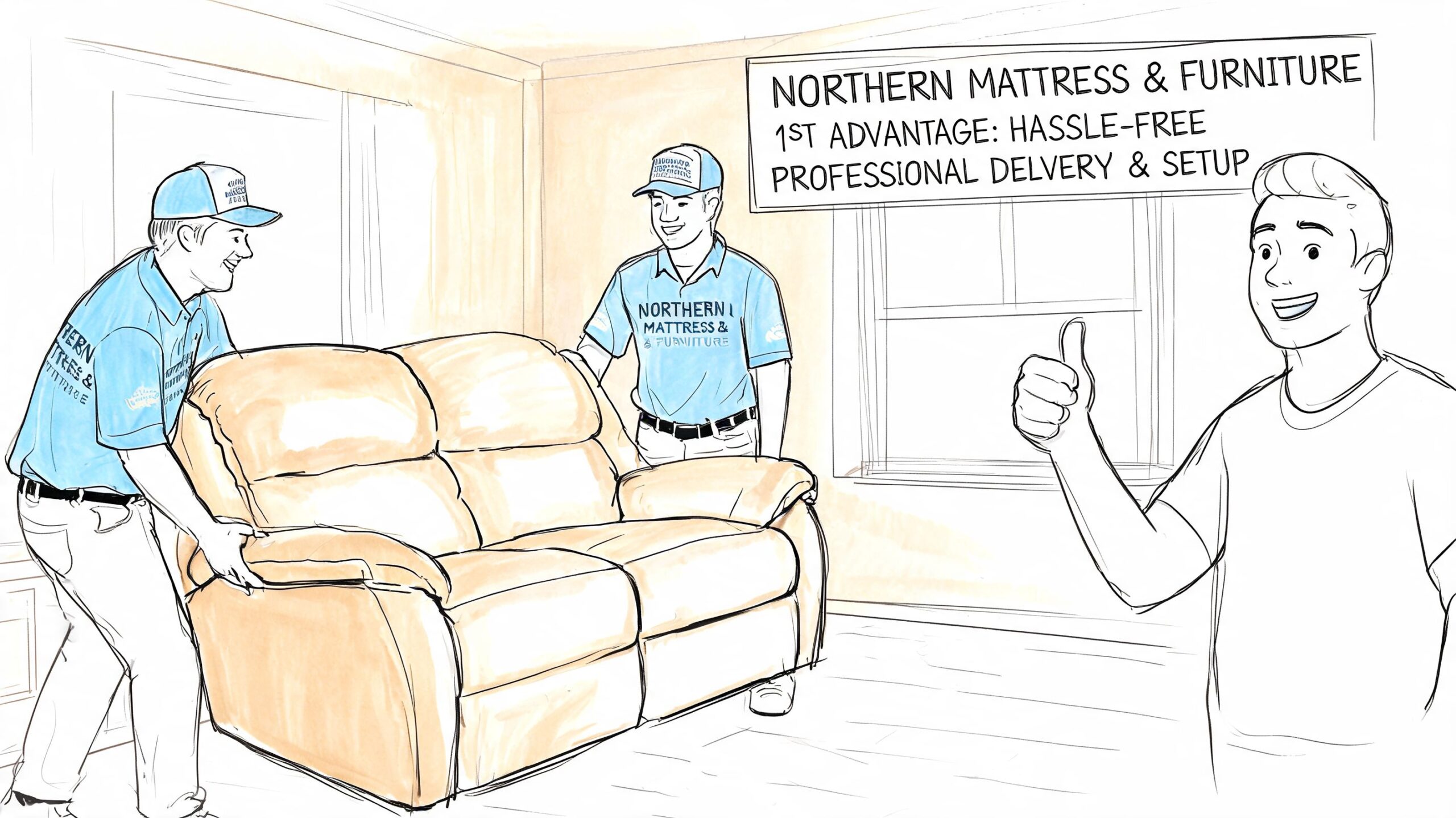 Two delivery workers in blue uniforms setting up a tan recliner sofa in a happy customer's home.