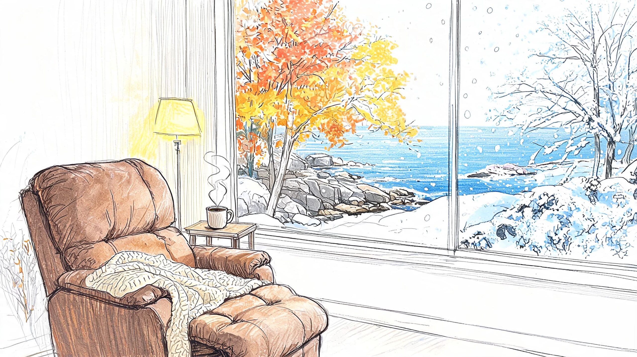 A comfortable brown recliner chair with a throw blanket overlooking a snowy winter landscape through large windows.