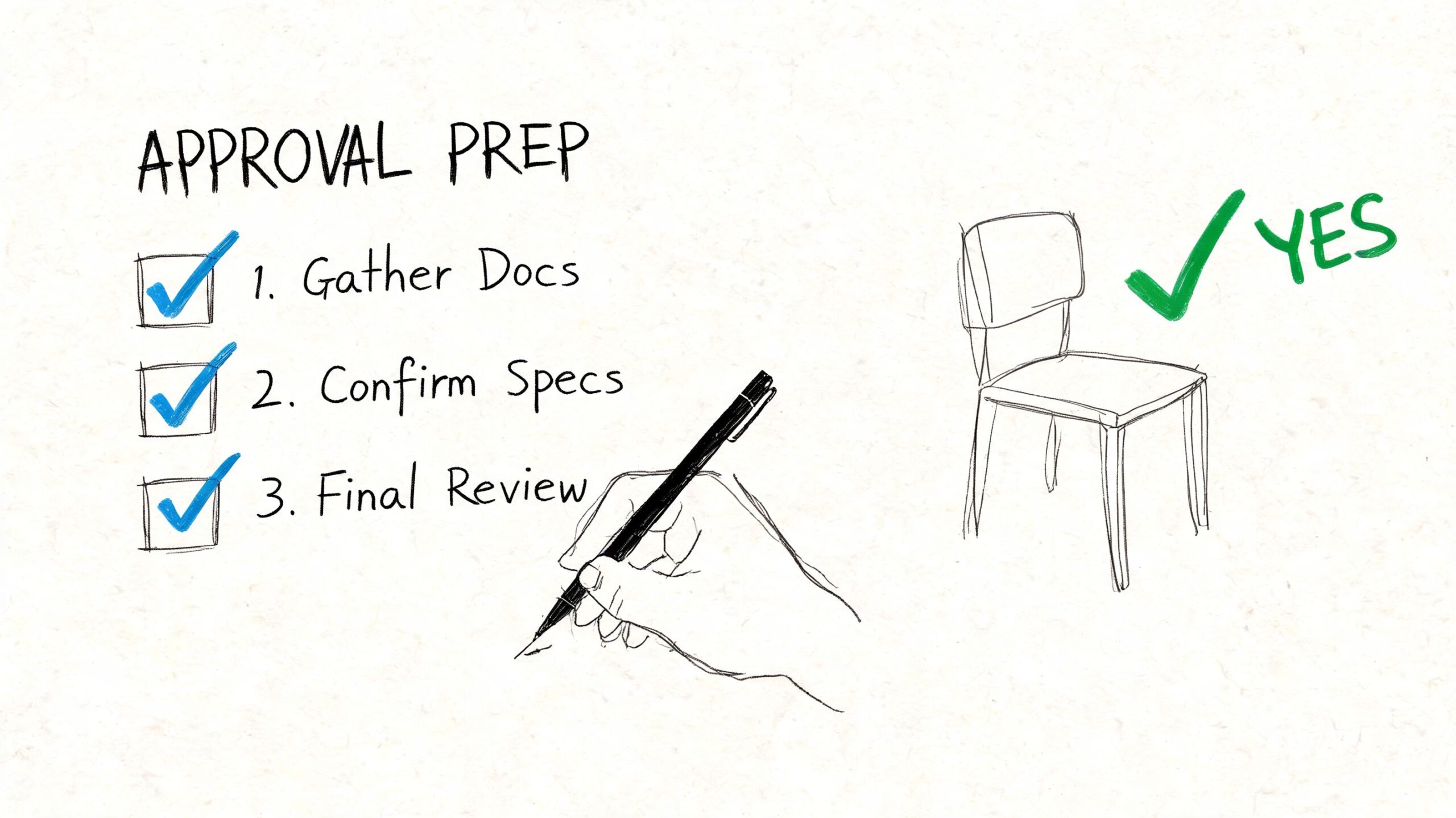 A checklist for approval preparation next to a hand drawing a chair with a green checkmark.