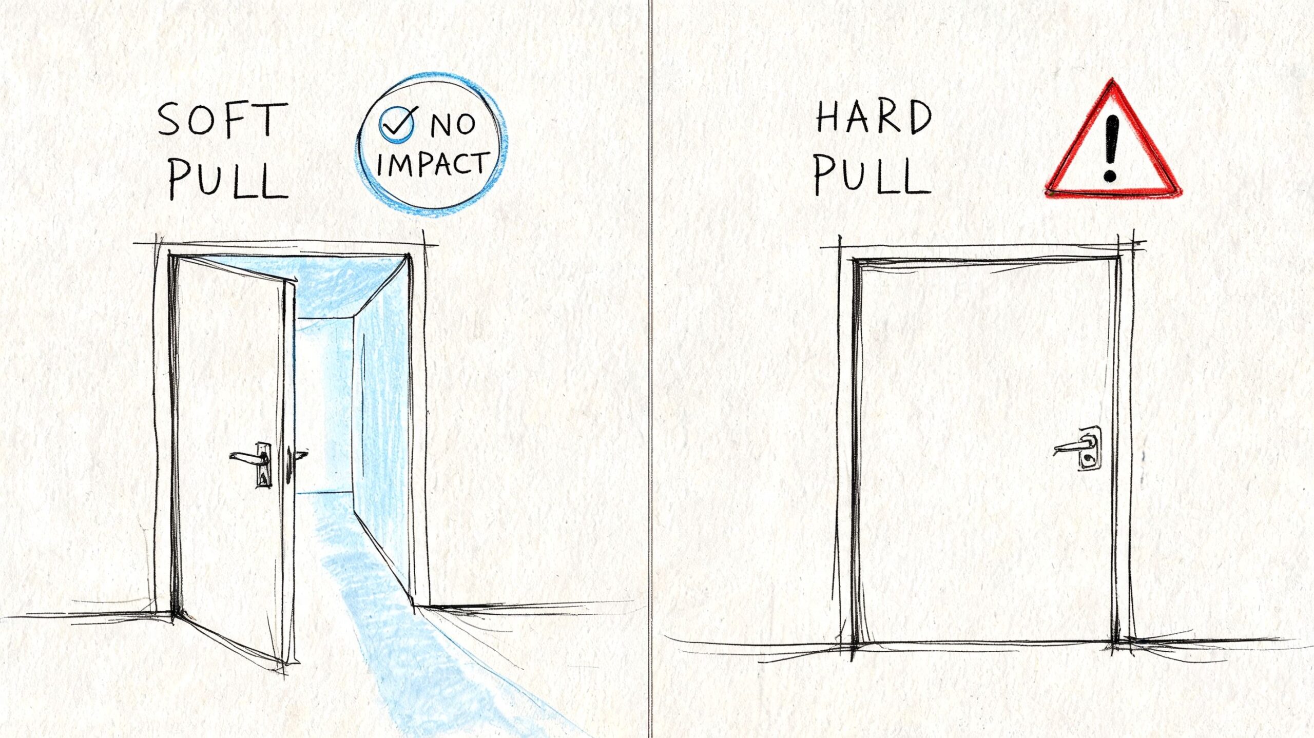 A hand-drawn illustration comparing a soft pull versus a hard pull on a credit score report.
