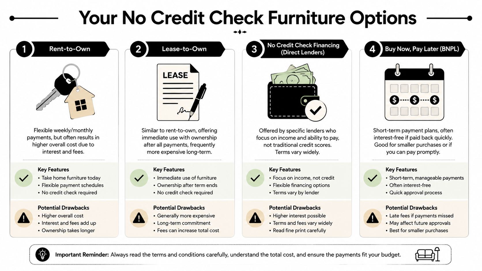 A chart outlining four no credit check furniture financing options including rent-to-own and buy now pay later.