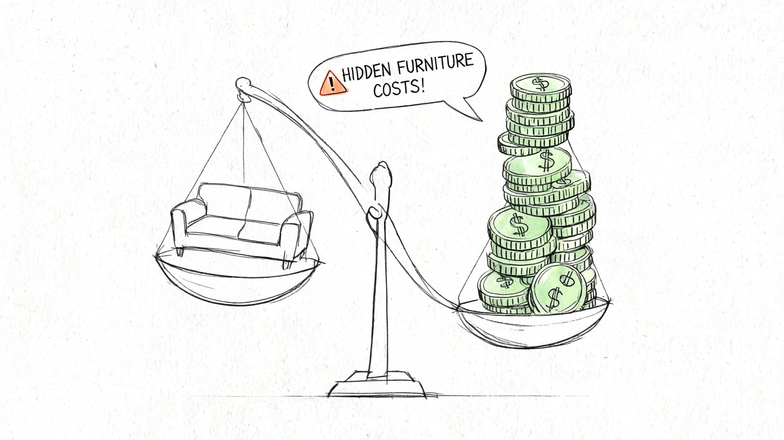 A scale illustration showing a sofa on one side and a large stack of money on the other.