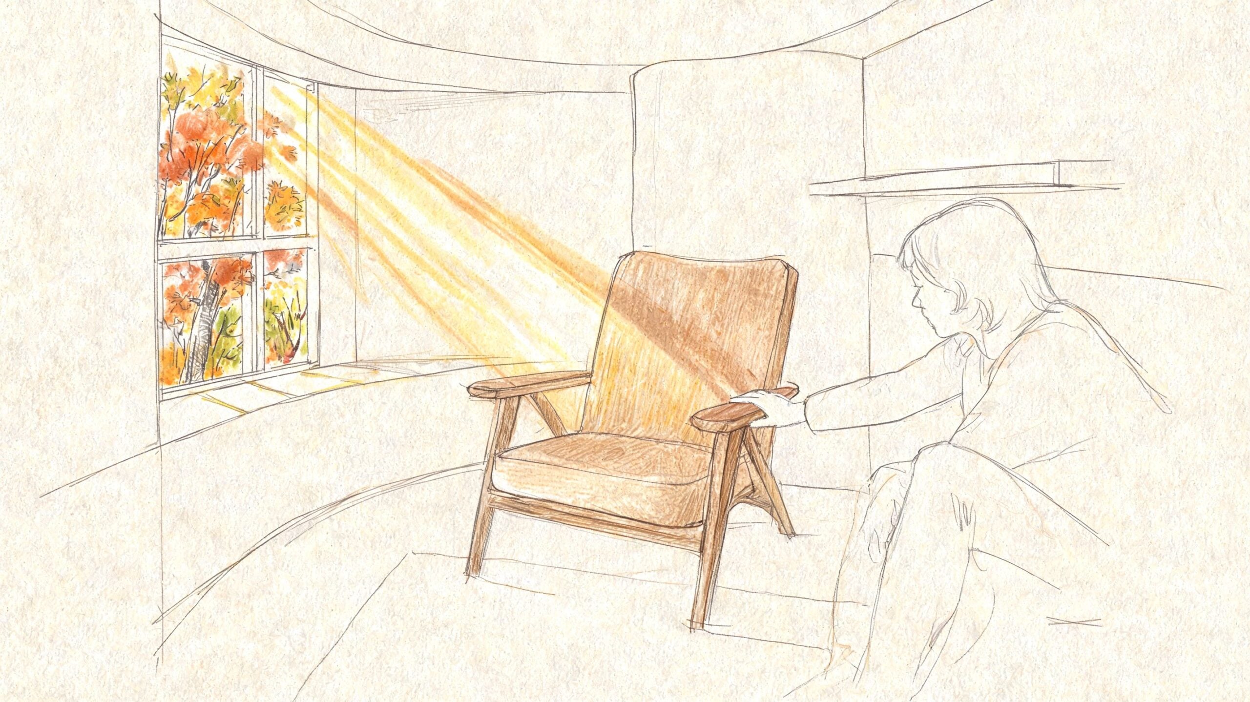 A pencil sketch of a cozy interior with sunlight streaming through a window onto an armchair.