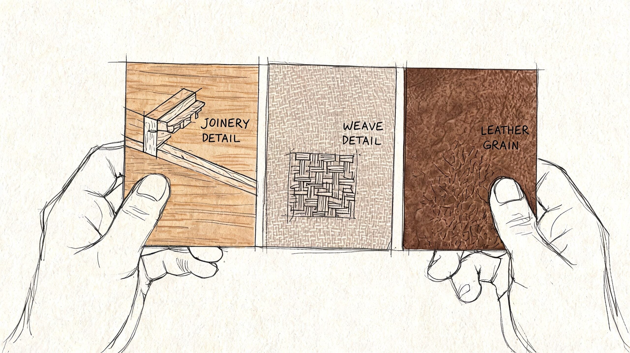 A hand-drawn illustration showing three material swatches representing joinery detail, weave detail, and leather grain texture.