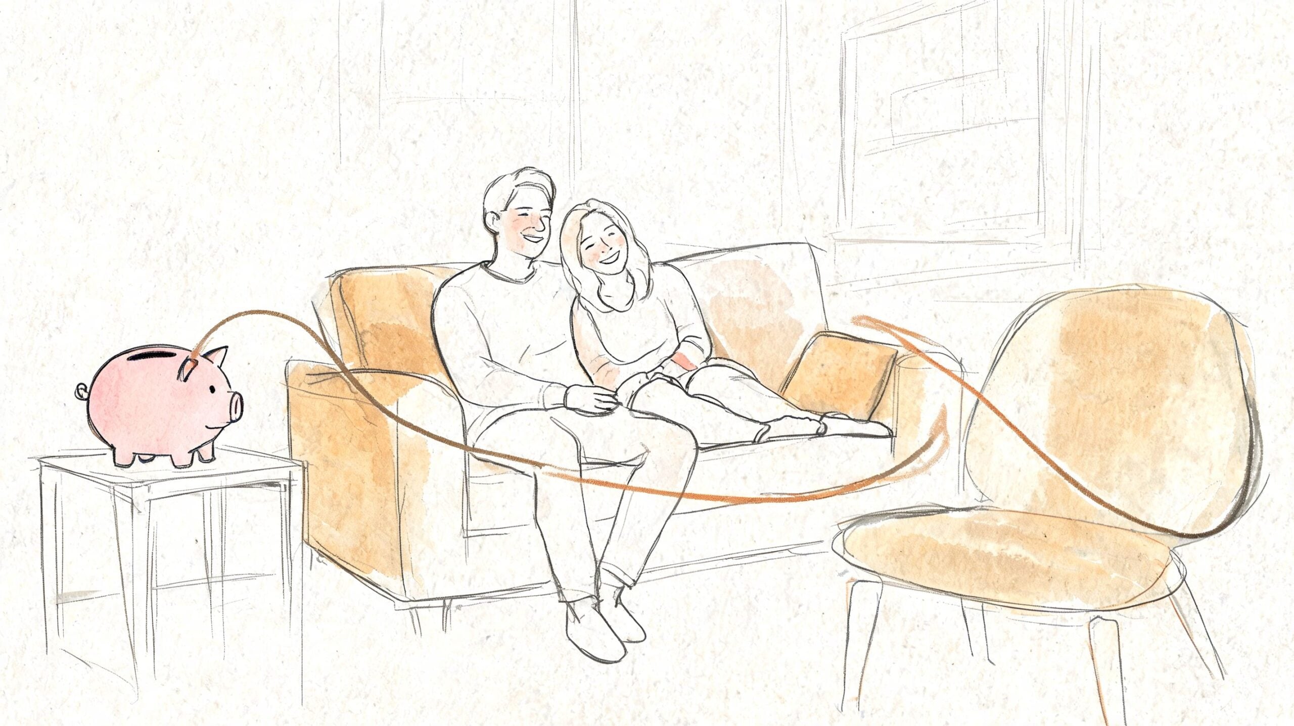 A couple sitting on a sofa with a piggy bank connected to custom furniture for savings.
