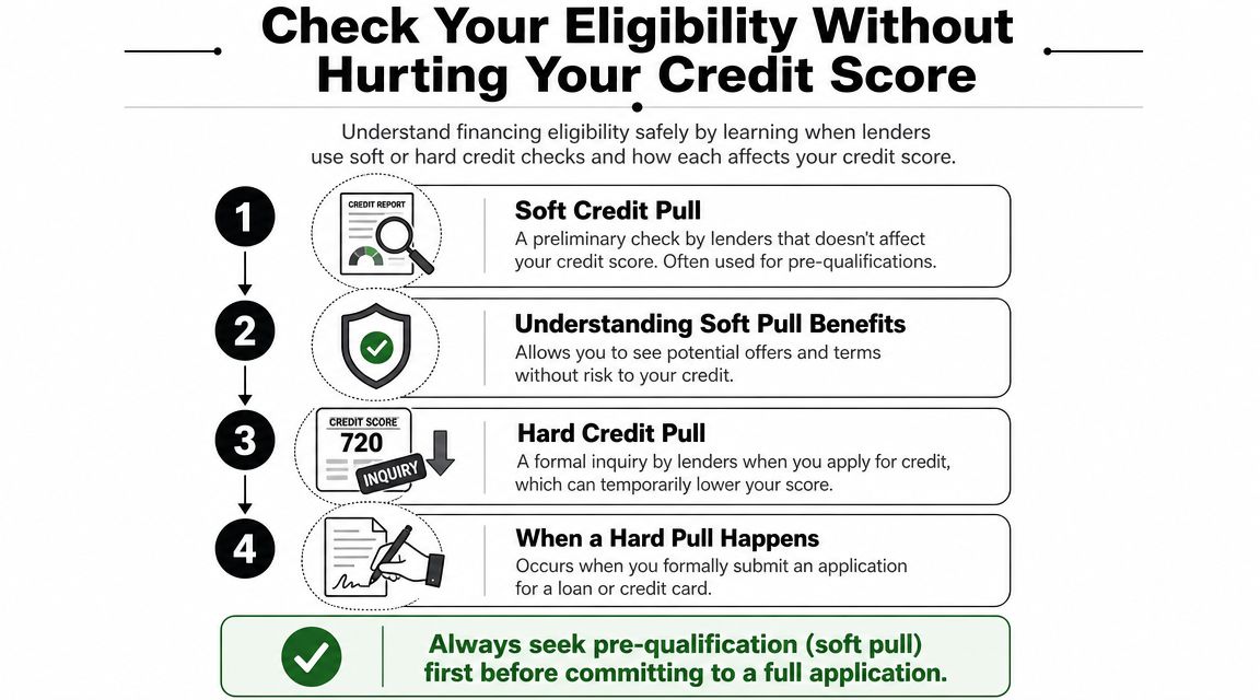 A flowchart explaining the difference between soft and hard credit checks when applying for financing.
