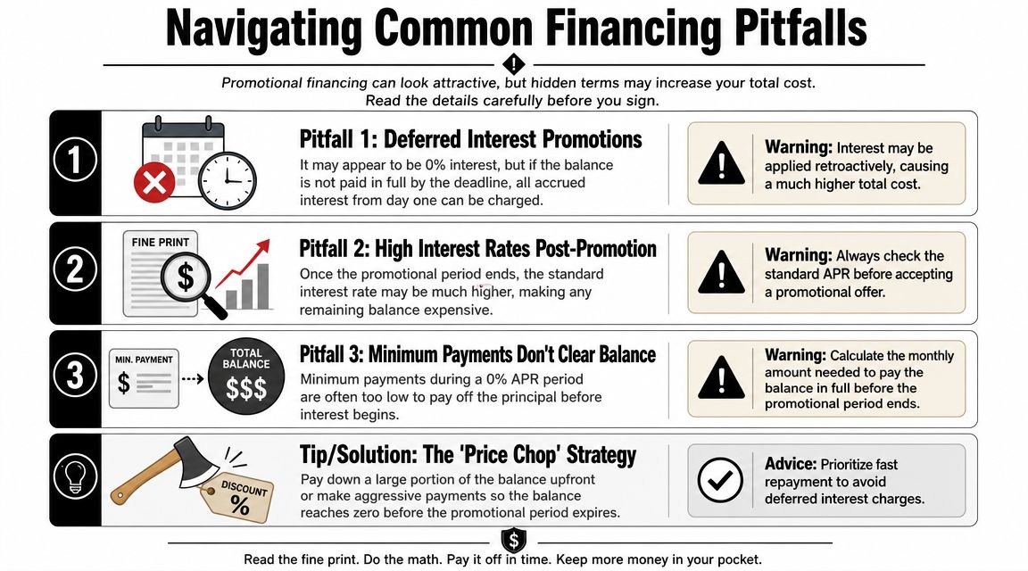 An infographic titled Navigating Common Financing Pitfalls, outlining dangers of deferred interest, high rates, and low payments.