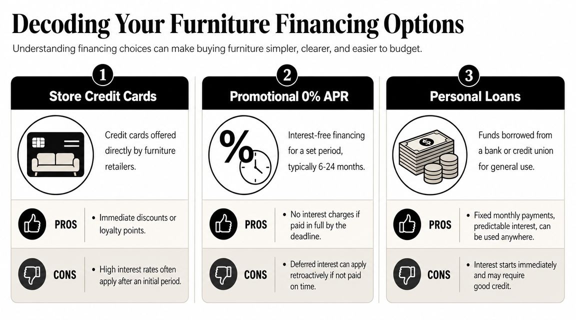 An infographic titled Decoding Your Furniture Financing Options comparing store credit cards, promotional APR, and personal loans.
