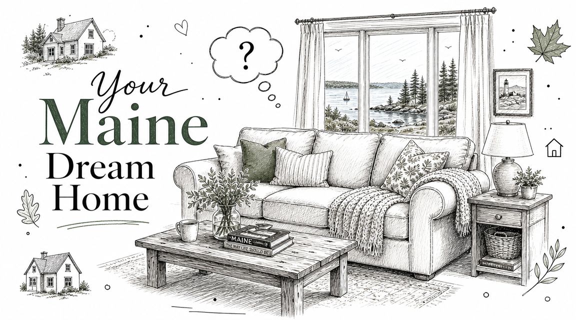 A hand-drawn illustration depicting a cozy living room with a sofa, window view of Maine, and home sketches.