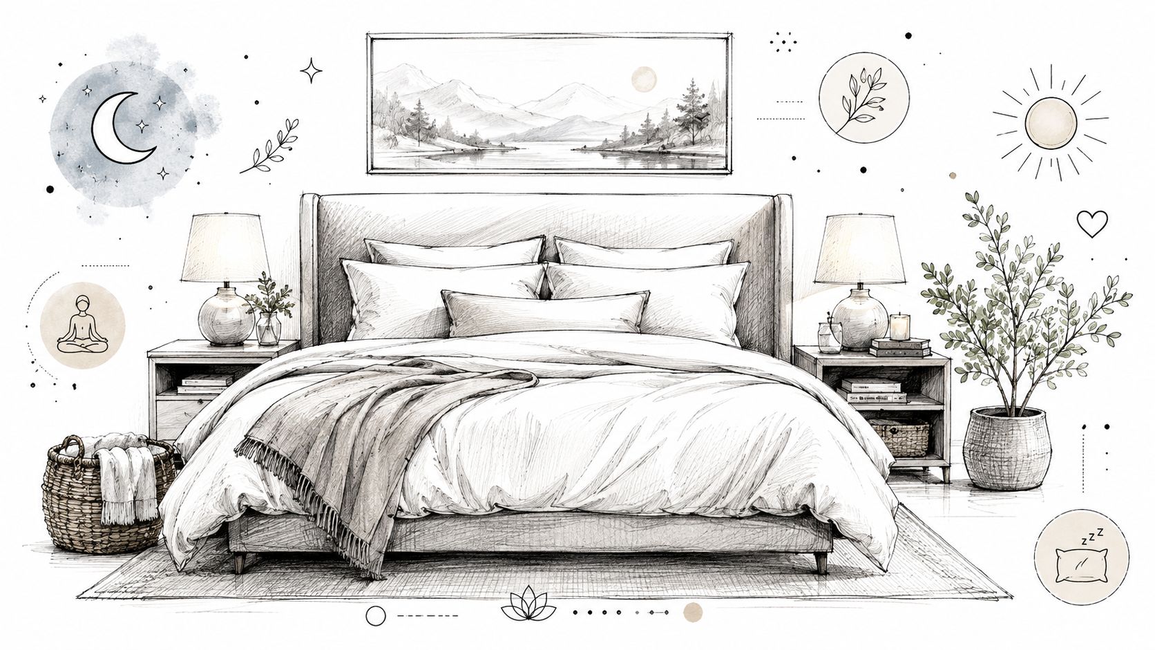 A beautiful pencil sketch of a cozy, minimalist bedroom featuring a comfortable bed and peaceful decor elements.