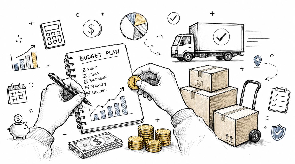 A hand drawing a budget plan with financial icons representing home essential costs and savings goals.