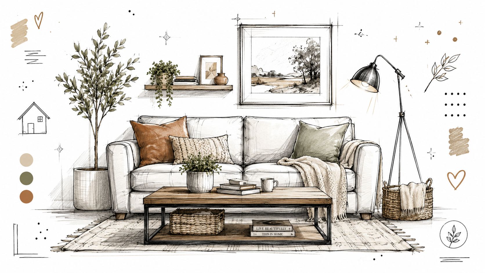 A sketched illustration of a cozy modern living room interior with a sofa, plants, and decor.