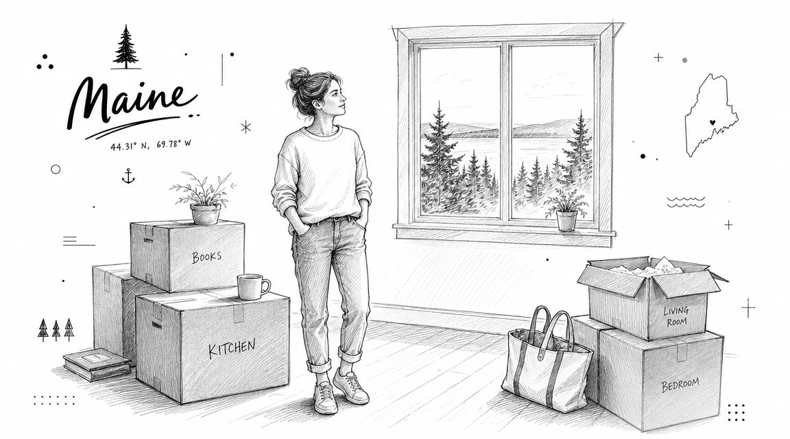 A woman stands in an unfurnished room with cardboard moving boxes labeled for different rooms.