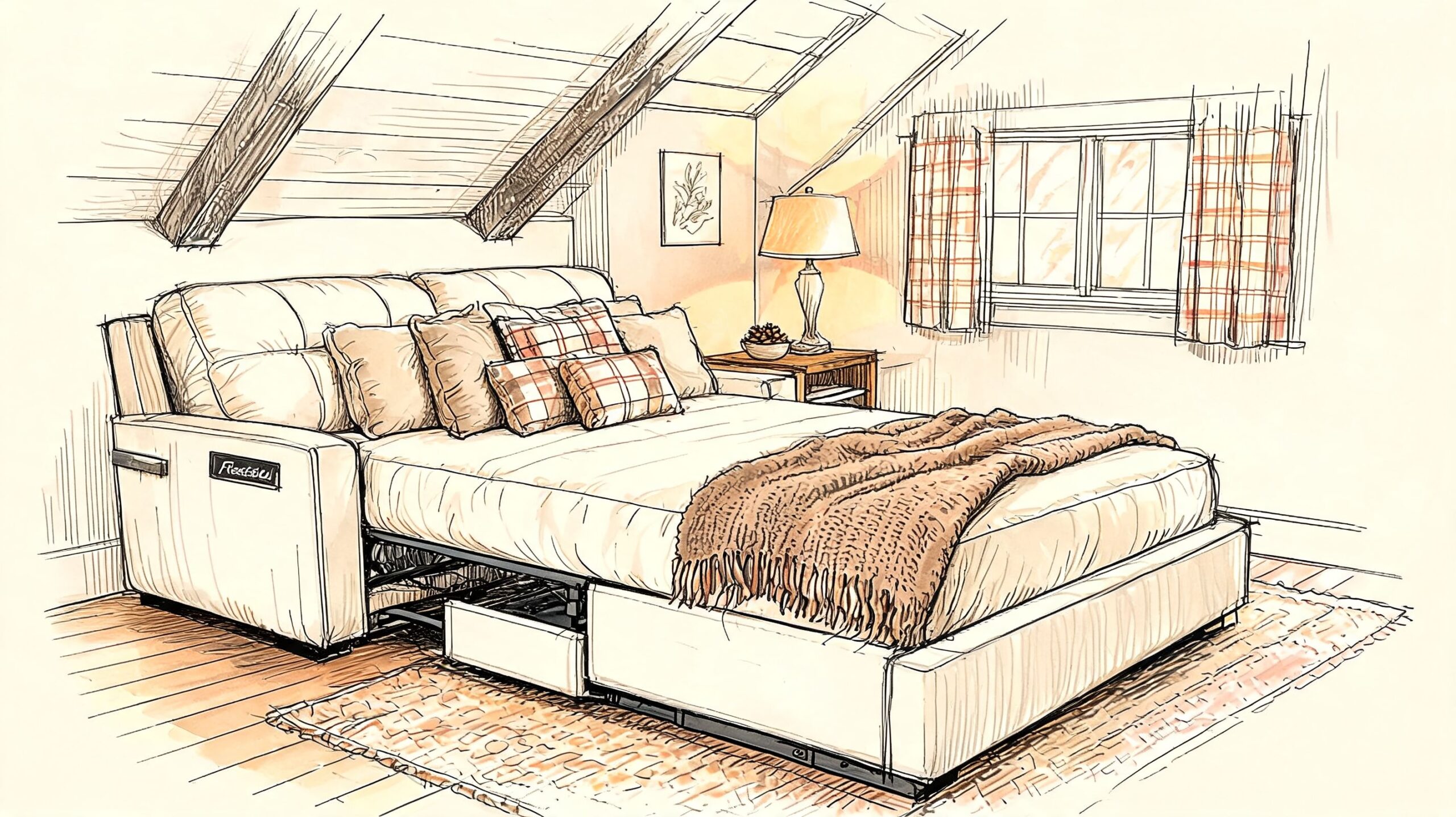 A cozy attic bedroom featuring a Flexsteel sofa bed with a knitted blanket and patterned pillows.