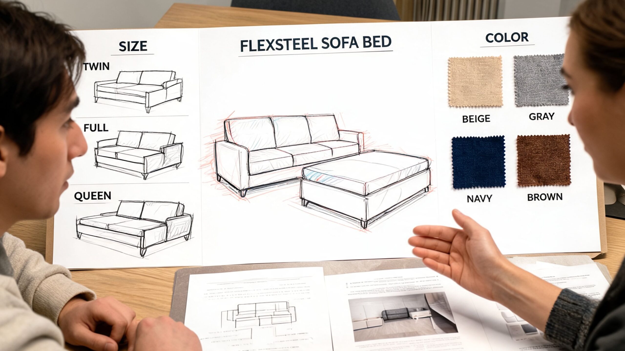 A couple looking at design schematics and color fabric swatches for a Flexsteel sofa bed purchase.