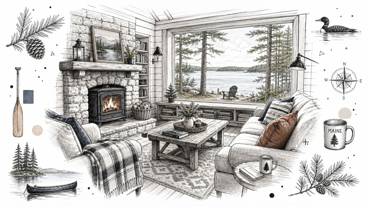 A cozy, hand-drawn sketch of a cabin living room featuring a stone fireplace and lake view.