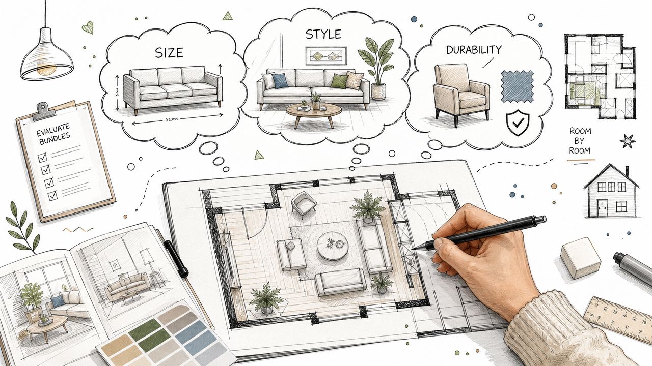 A hand drawing a floor plan with thought bubbles showing furniture size, style, and durability considerations.