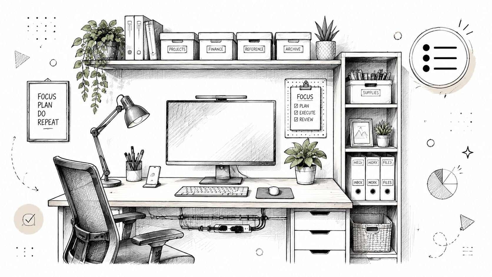 A minimalist black and white sketch of a tidy home office workspace with a desk and shelves.