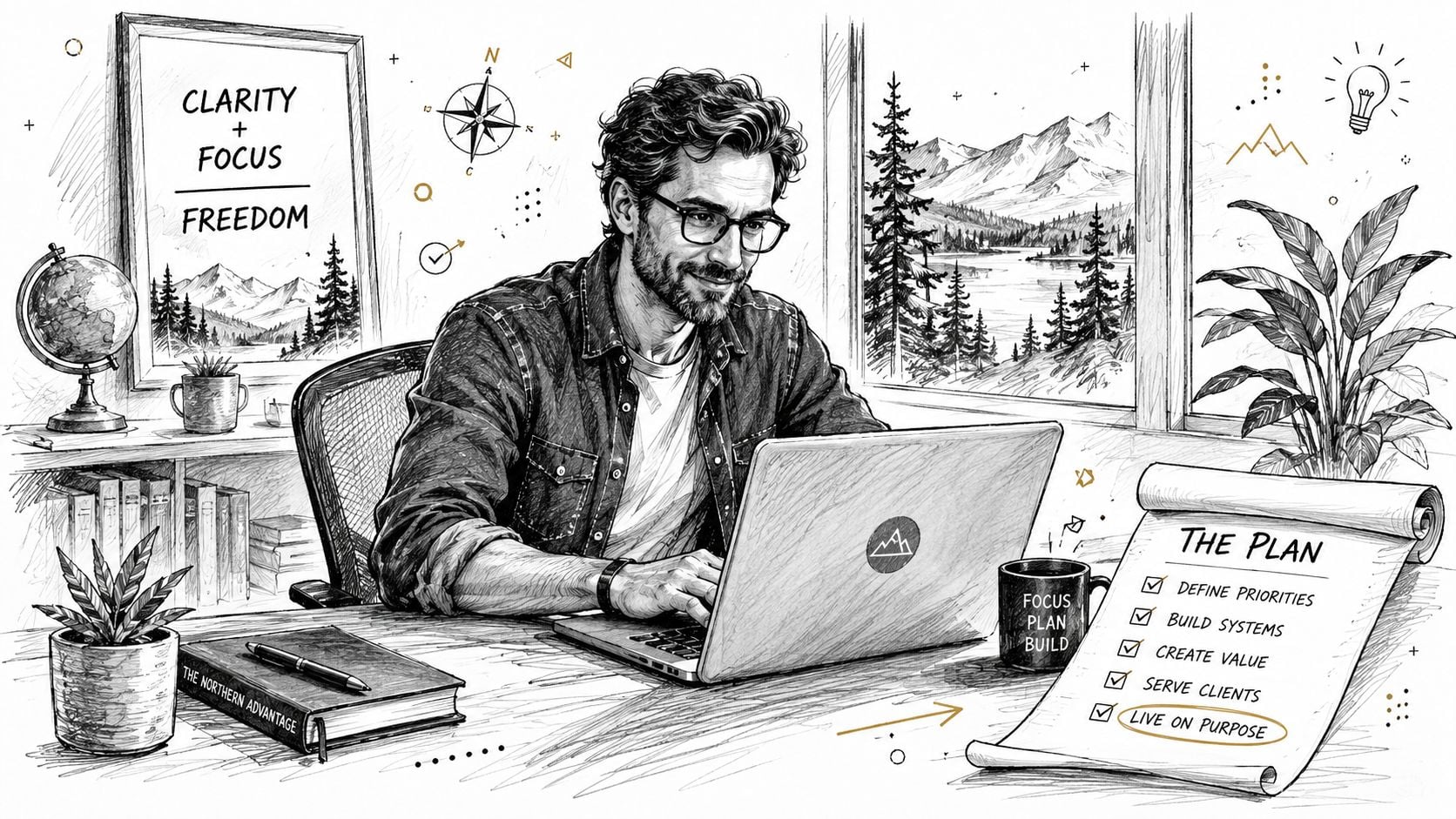 A professional man with glasses working on his laptop in a modern home office with mountain view.
