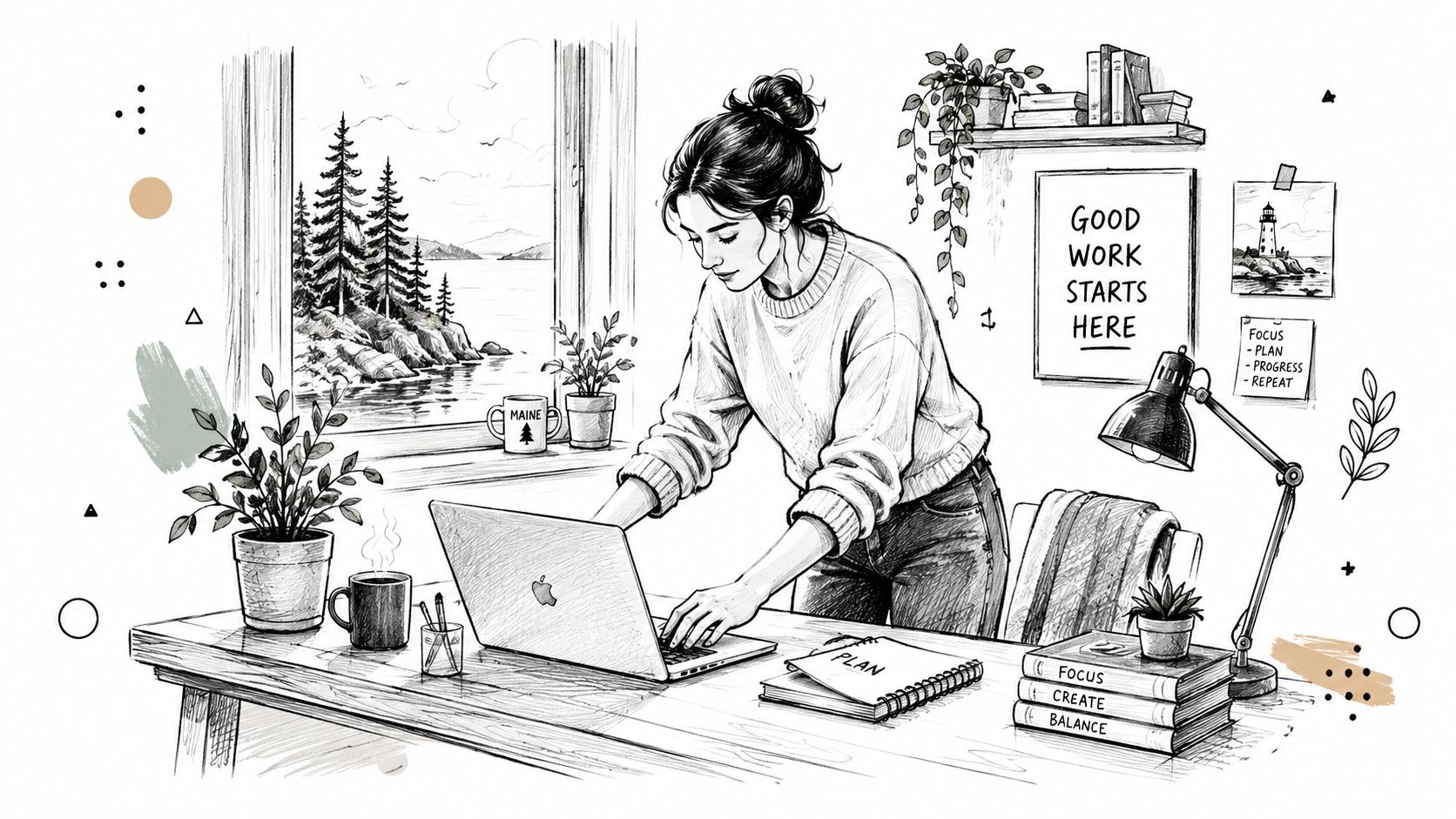 A young woman working on her laptop in a cozy home office with a nature view.