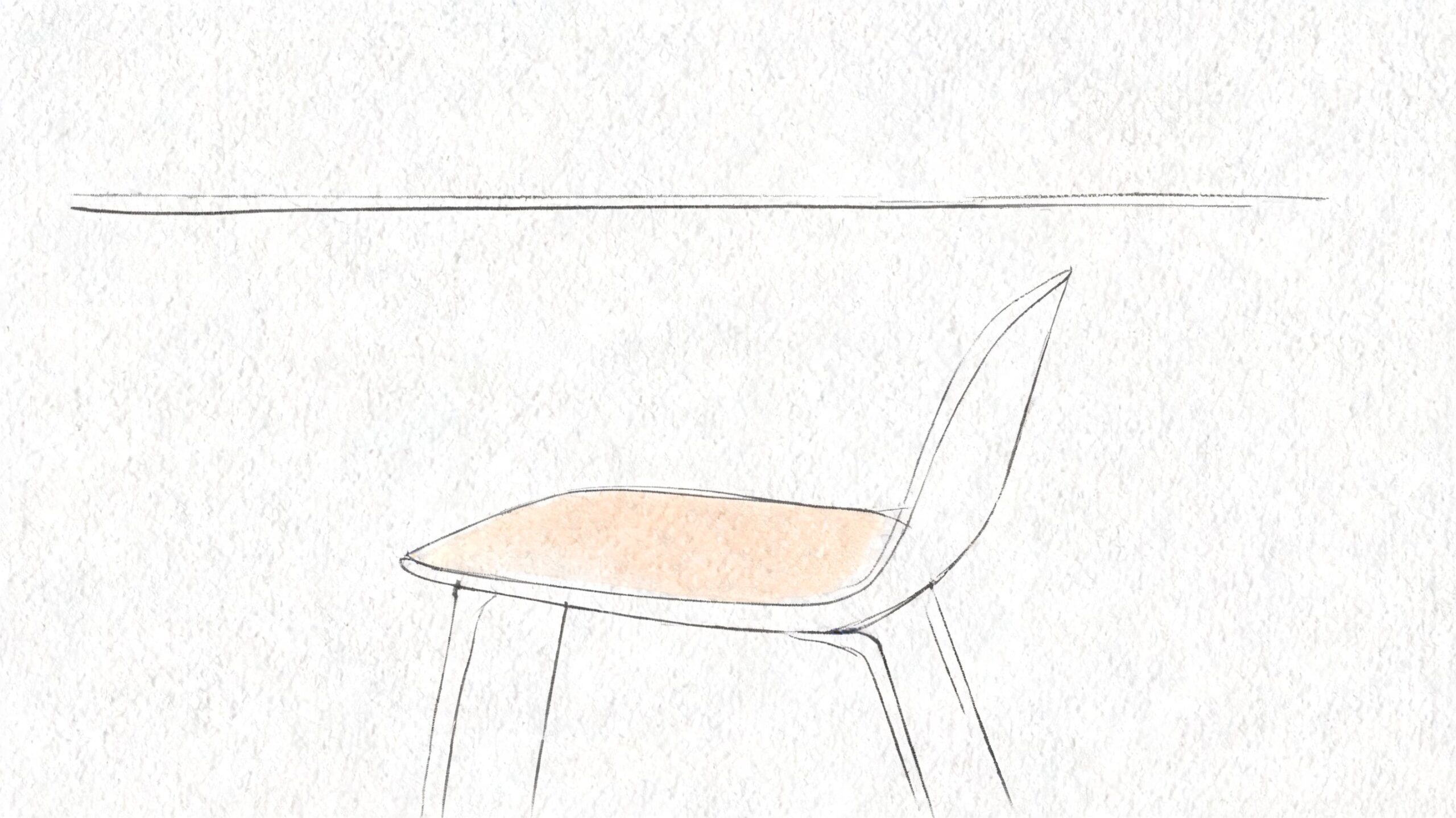 A simple minimalist hand-drawn sketch of a single chair sitting under a horizontal table line.