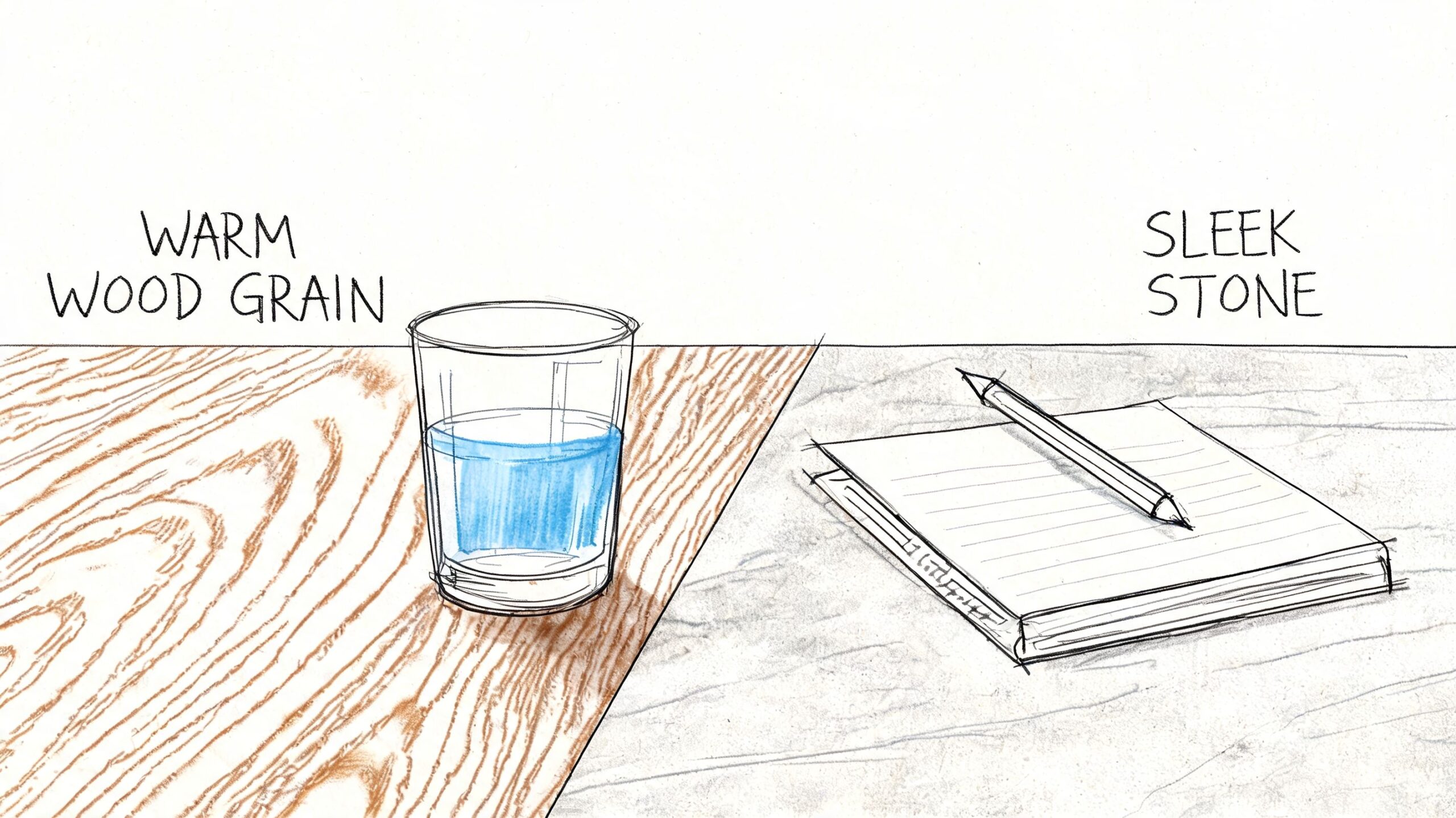 A split-view illustration comparing a warm wood grain surface with a sleek stone tabletop texture.