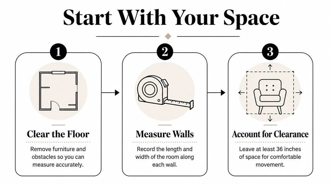 An infographic showing three steps to prepare a room for furniture, including clearing, measuring, and checking clearance.
