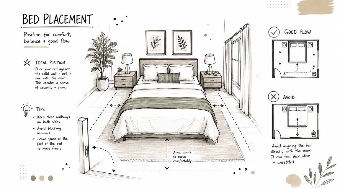A hand-drawn illustration demonstrating the ideal bedroom furniture arrangement for comfort, balance, and good traffic flow.