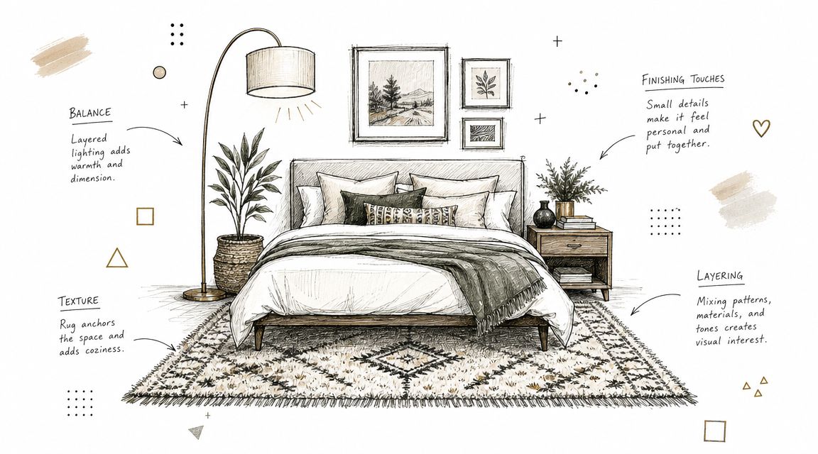 A detailed interior design sketch showing a stylish bedroom layout with tips on balance, texture, and layering.