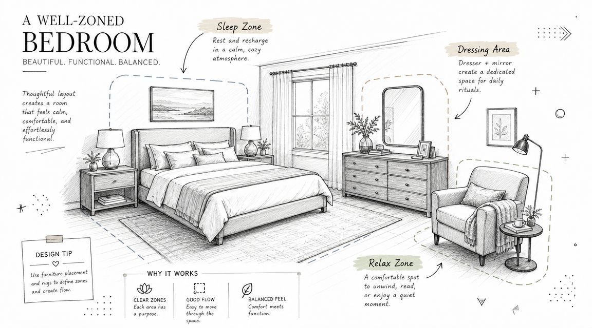A sketched bedroom layout illustration highlighting defined sleep, dressing, and relaxation zones for optimal comfort.