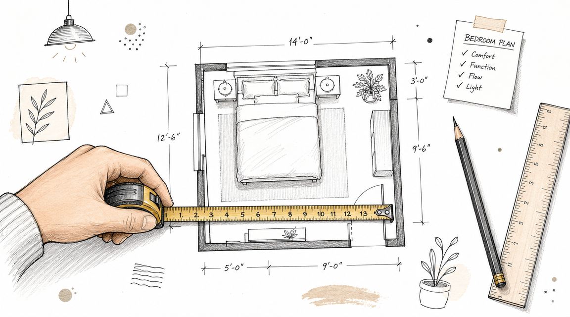 A hand holding a measuring tape over a floor plan sketch of a bedroom layout design.