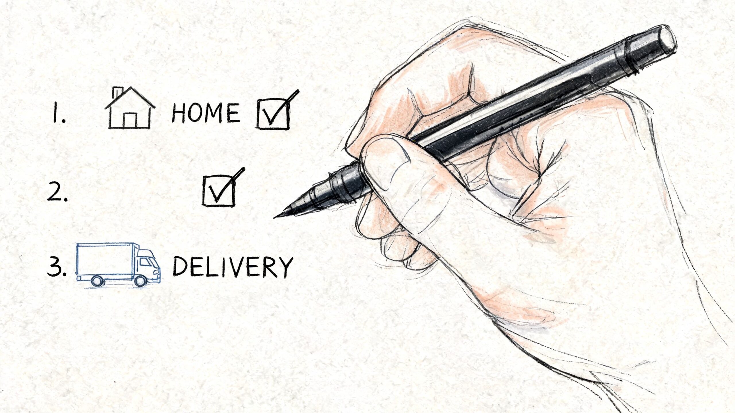 A hand drawing a checklist with options for home delivery on a piece of paper.