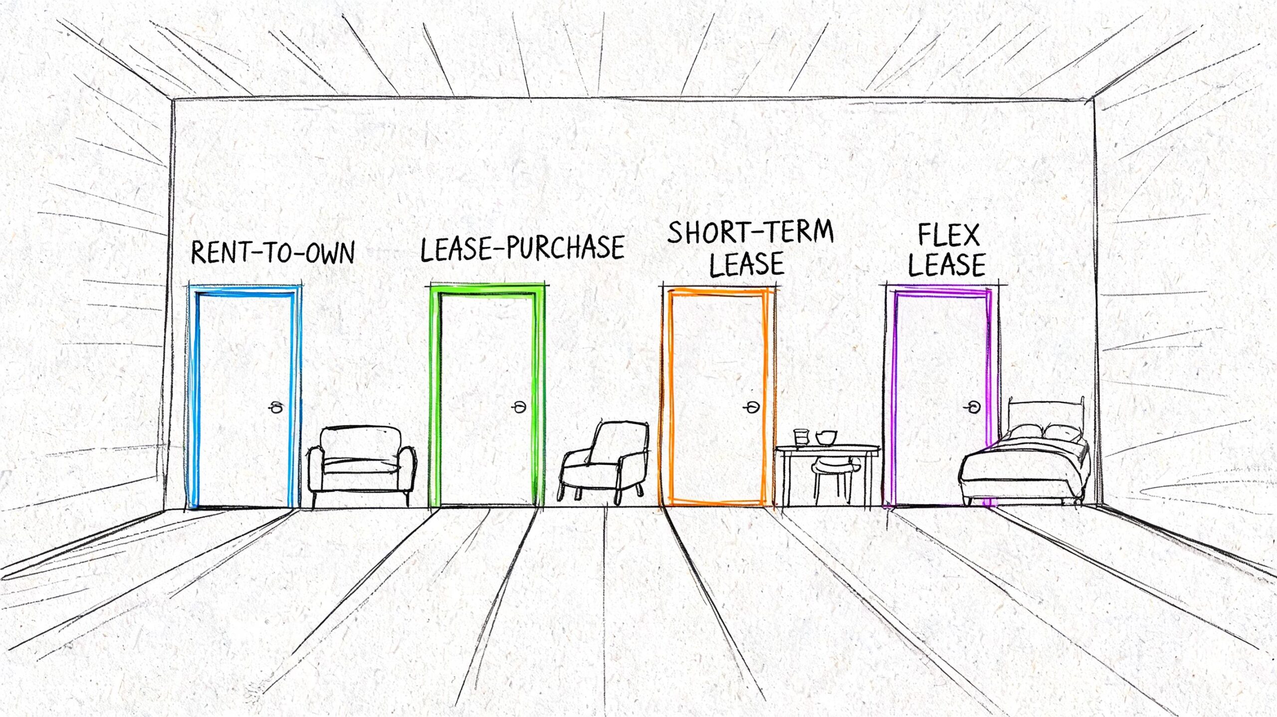 A hand-drawn sketch of four doors labeled with different types of lease options for furniture.