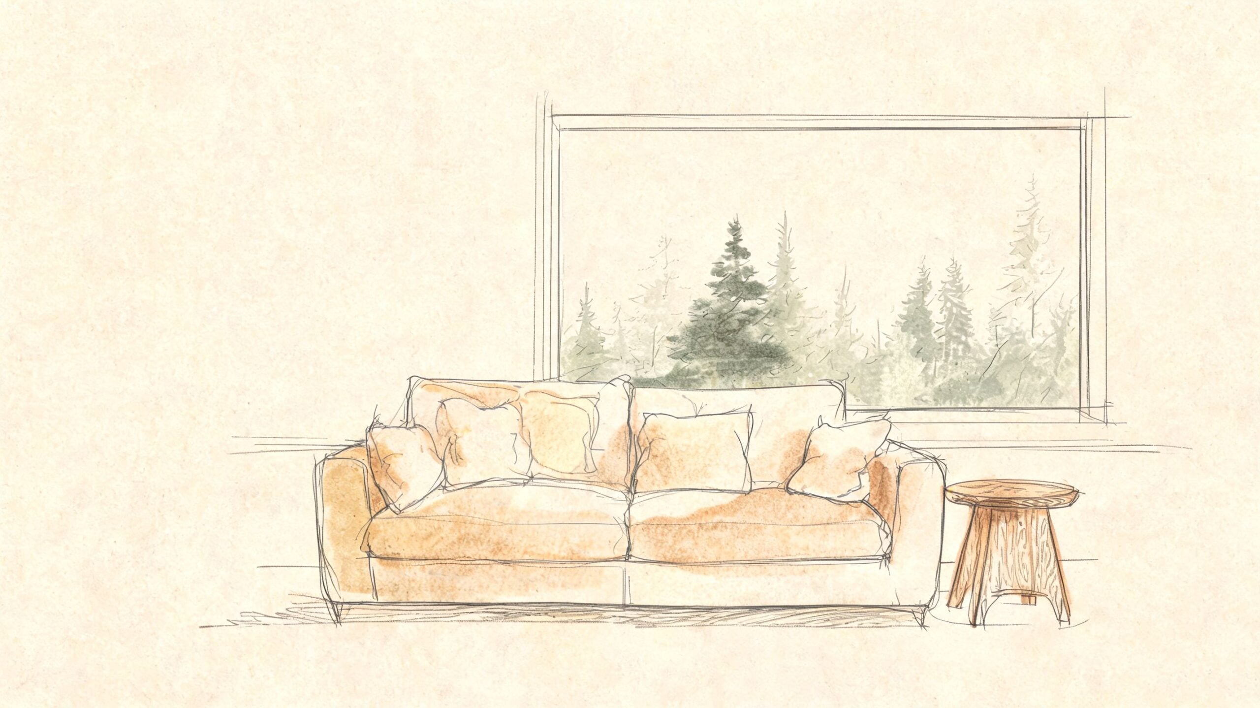 A pencil and watercolor sketch of a comfortable beige sofa and wooden side table before a forest window.