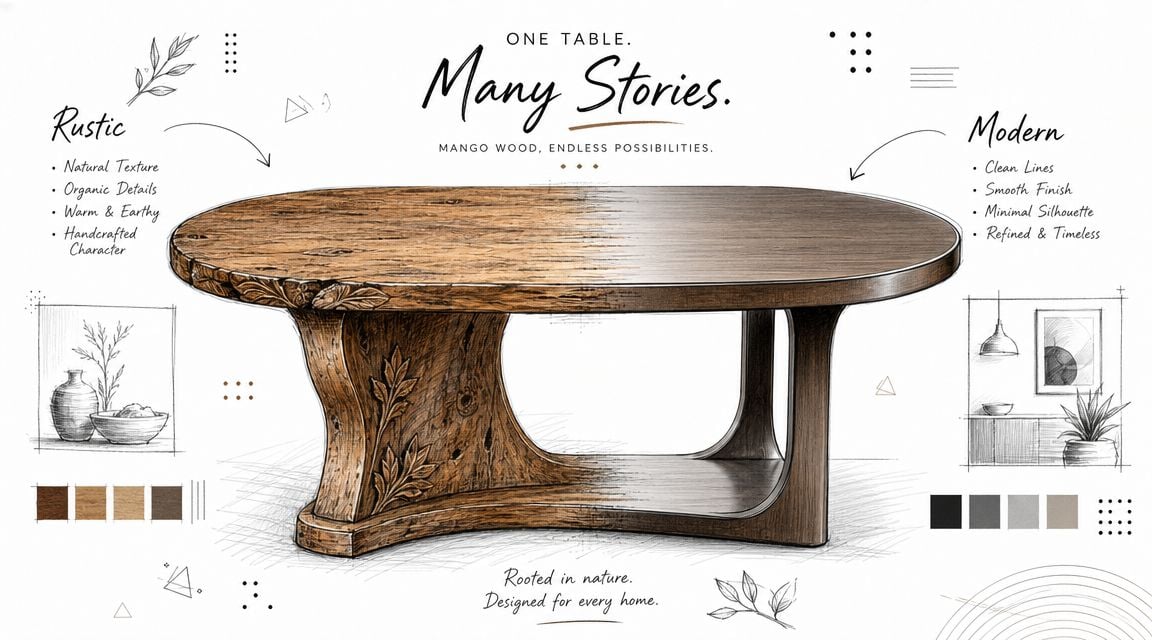 A dual-style mango wood coffee table featuring a raw rustic finish on one side and modern polish.