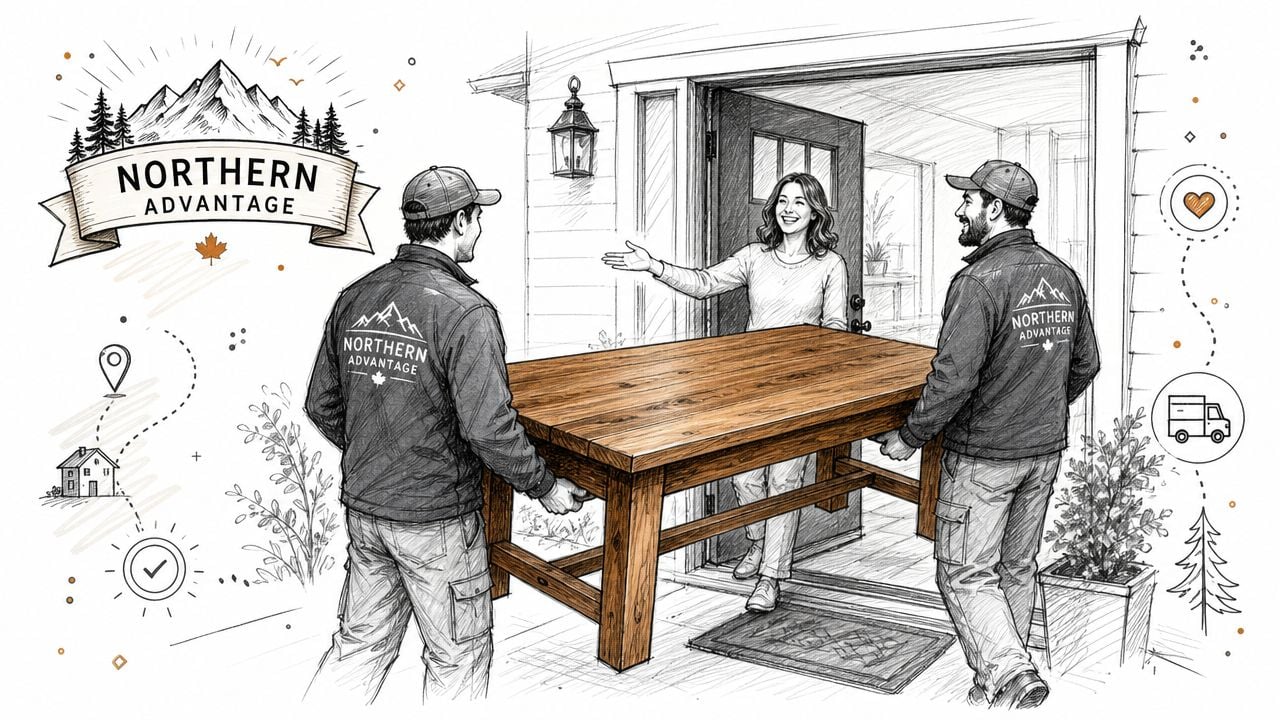 Two movers in branded uniforms delivering a large wooden dining table to a happy customer at home.