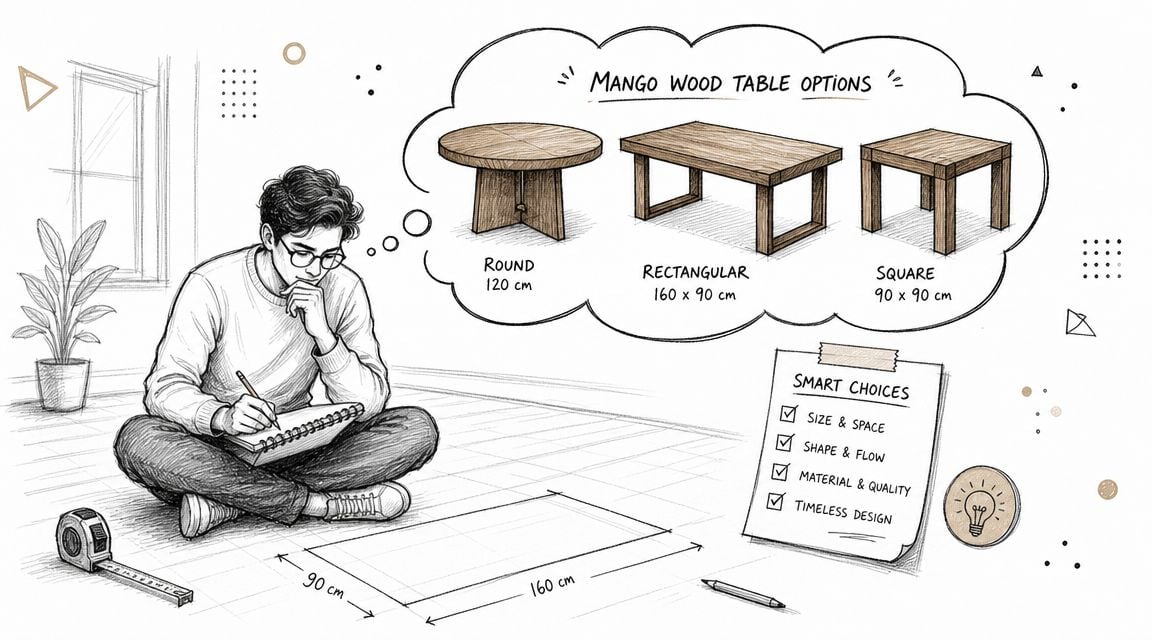 A person sketching ideas for mango wood tables of different shapes and dimensions on the floor.