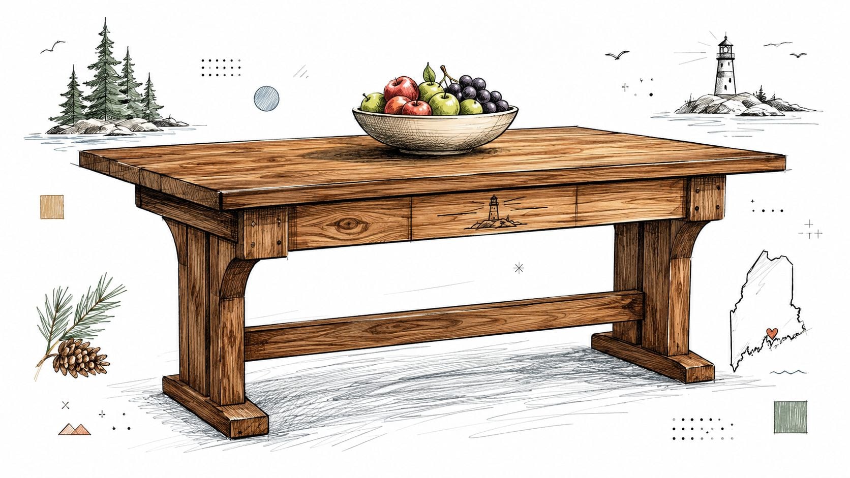A rustic wooden table featuring a lighthouse engraving and a bowl of fruit sitting on top.