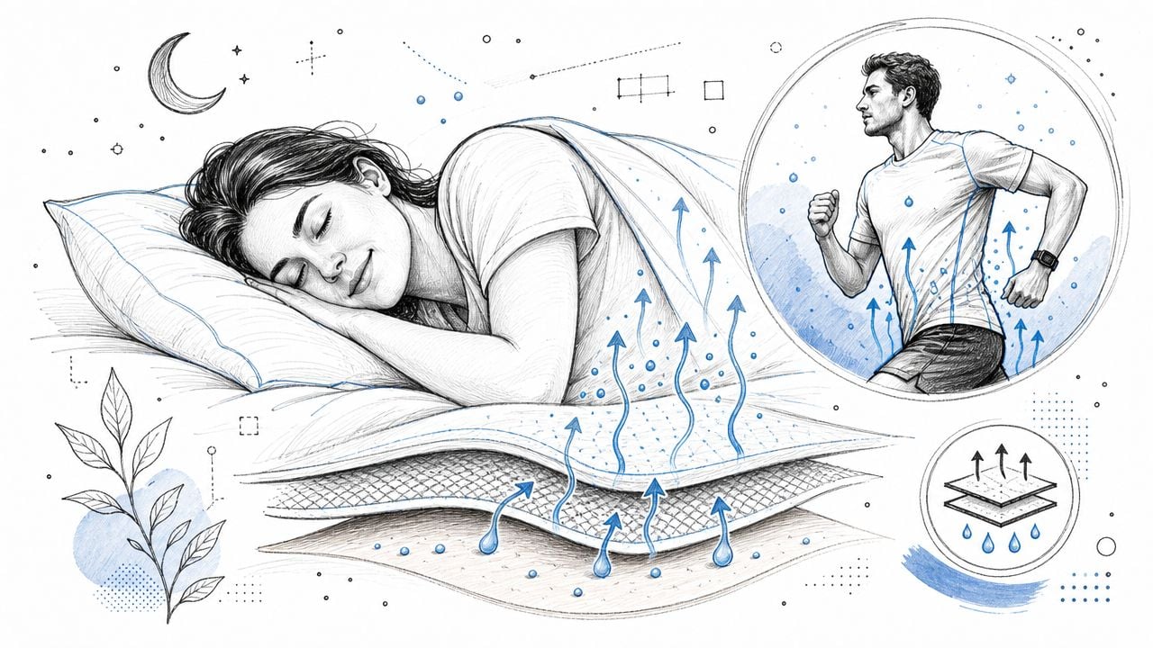 A pencil sketch illustration showing a woman sleeping comfortably and a man running, highlighting moisture-wicking bedding technology.