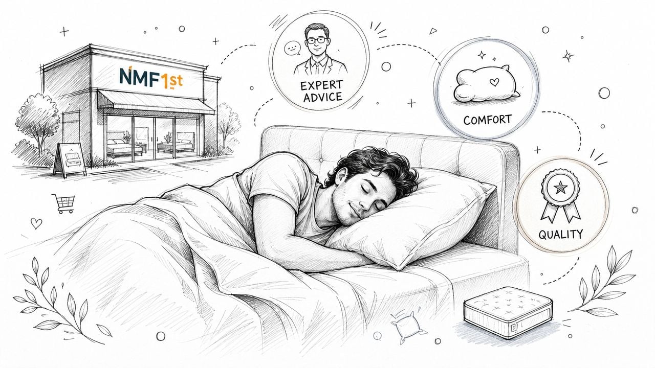 A pencil sketch of a man sleeping peacefully in bed with icons for expert advice, comfort, and quality.