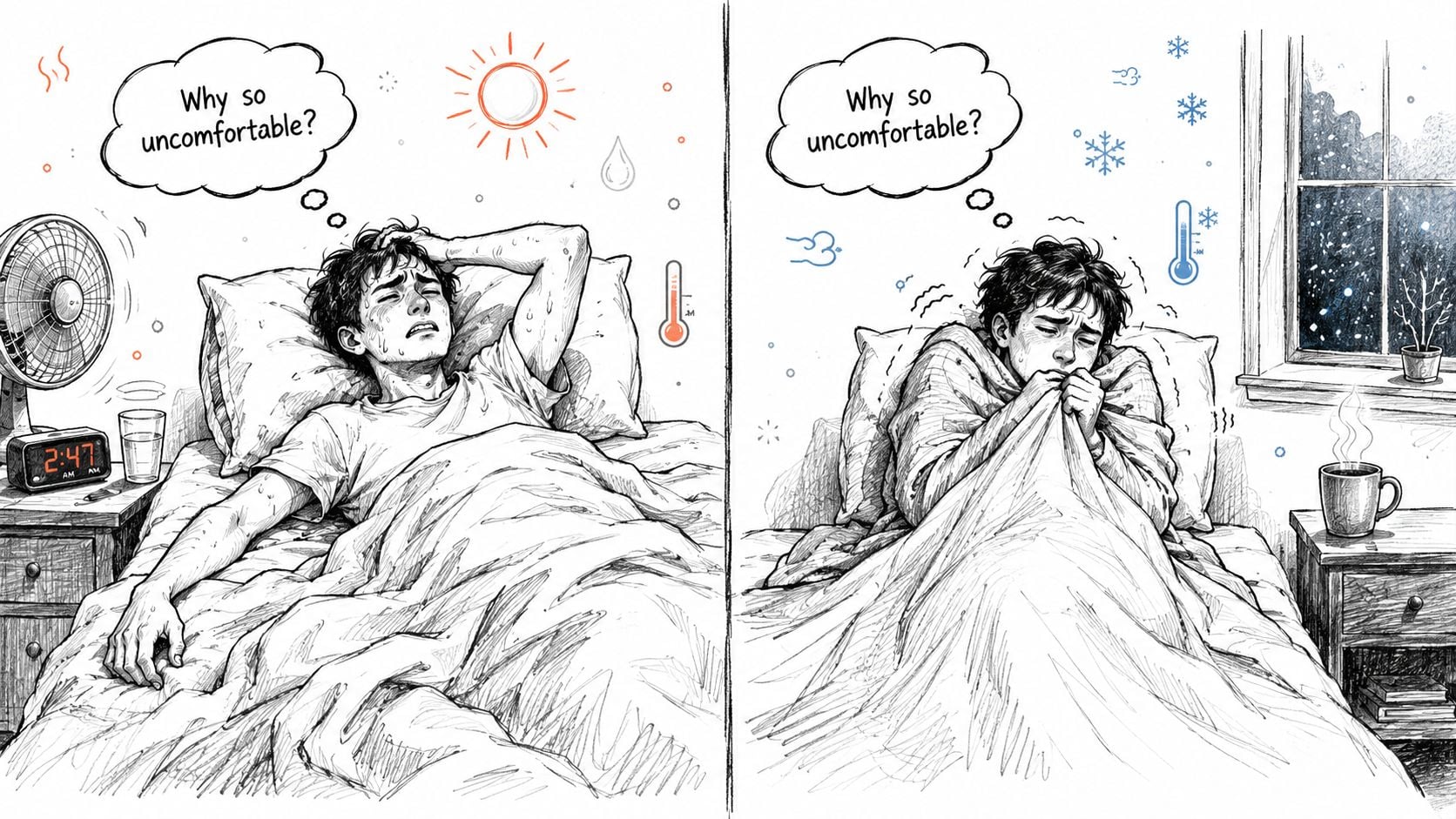 A split illustration comparing a person sleeping uncomfortably in hot, humid conditions versus cold, wintry conditions.