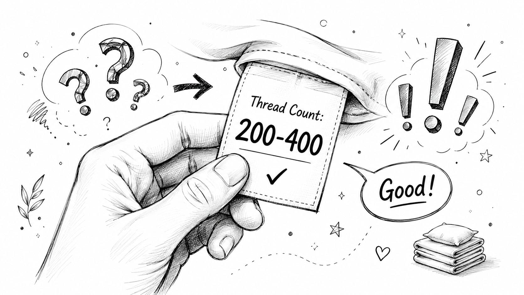 A hand holds a fabric label displaying a recommended thread count between 200 and 400 for bedding.