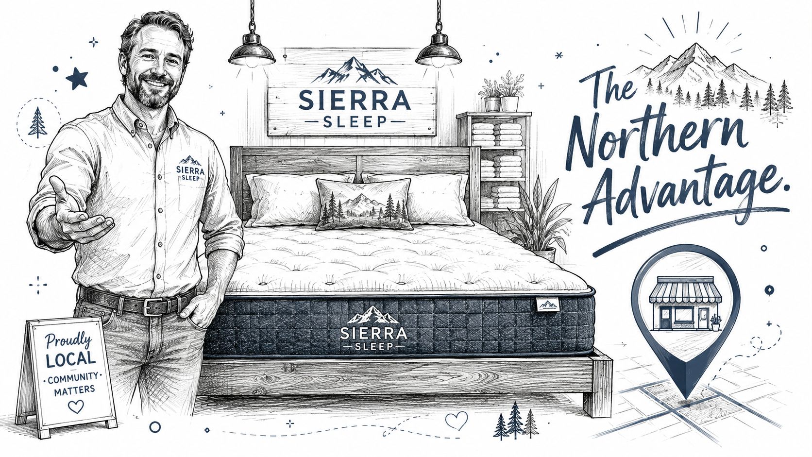 A friendly man standing next to a Sierra Sleep mattress with a local store location pin icon.