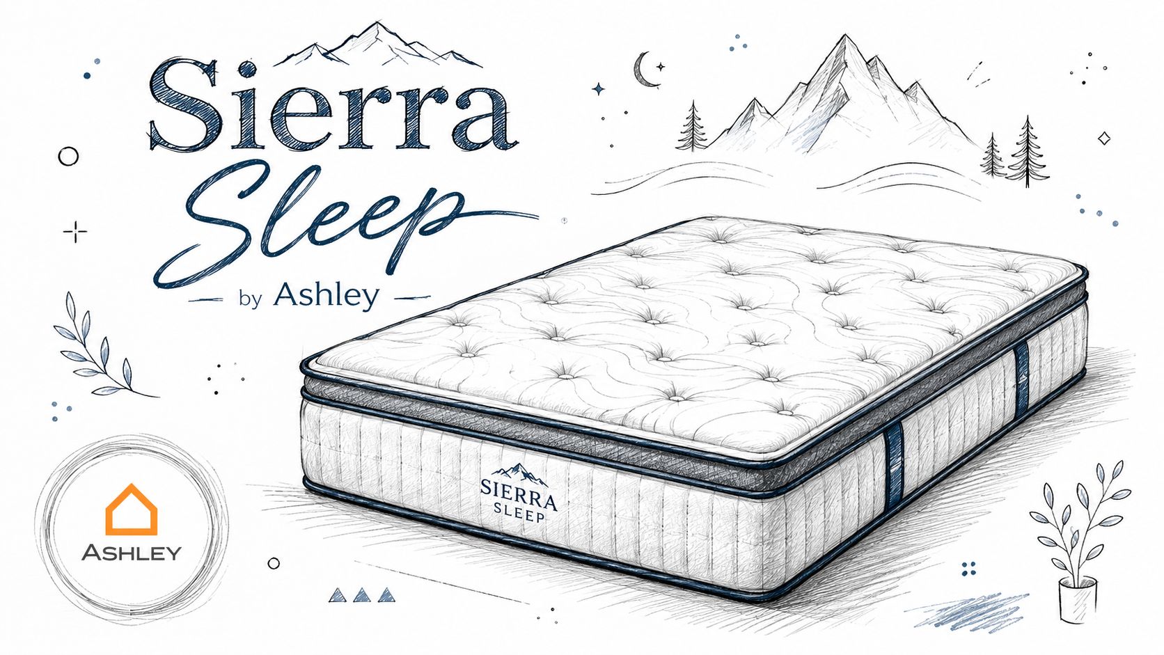 A hand-drawn sketch of a Sierra Sleep mattress by Ashley, surrounded by artistic mountain and nature illustrations.