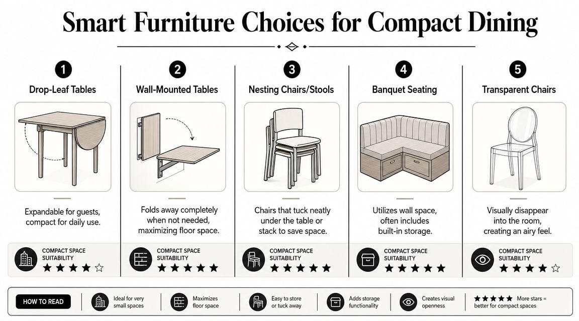An infographic presenting five smart furniture design ideas for optimizing small dining room floor space effectively.