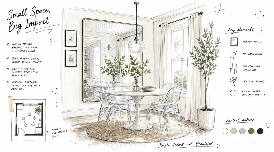 A detailed architectural sketch of a small, airy dining room design with neutral tones and furniture.