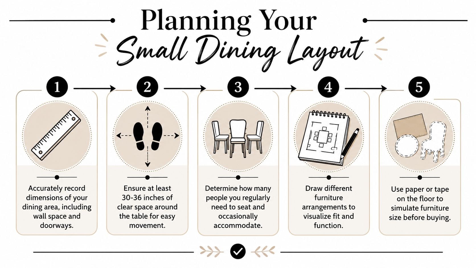 A step-by-step infographic titled Planning Your Small Dining Layout showing five icons and instructions for arranging dining furniture.